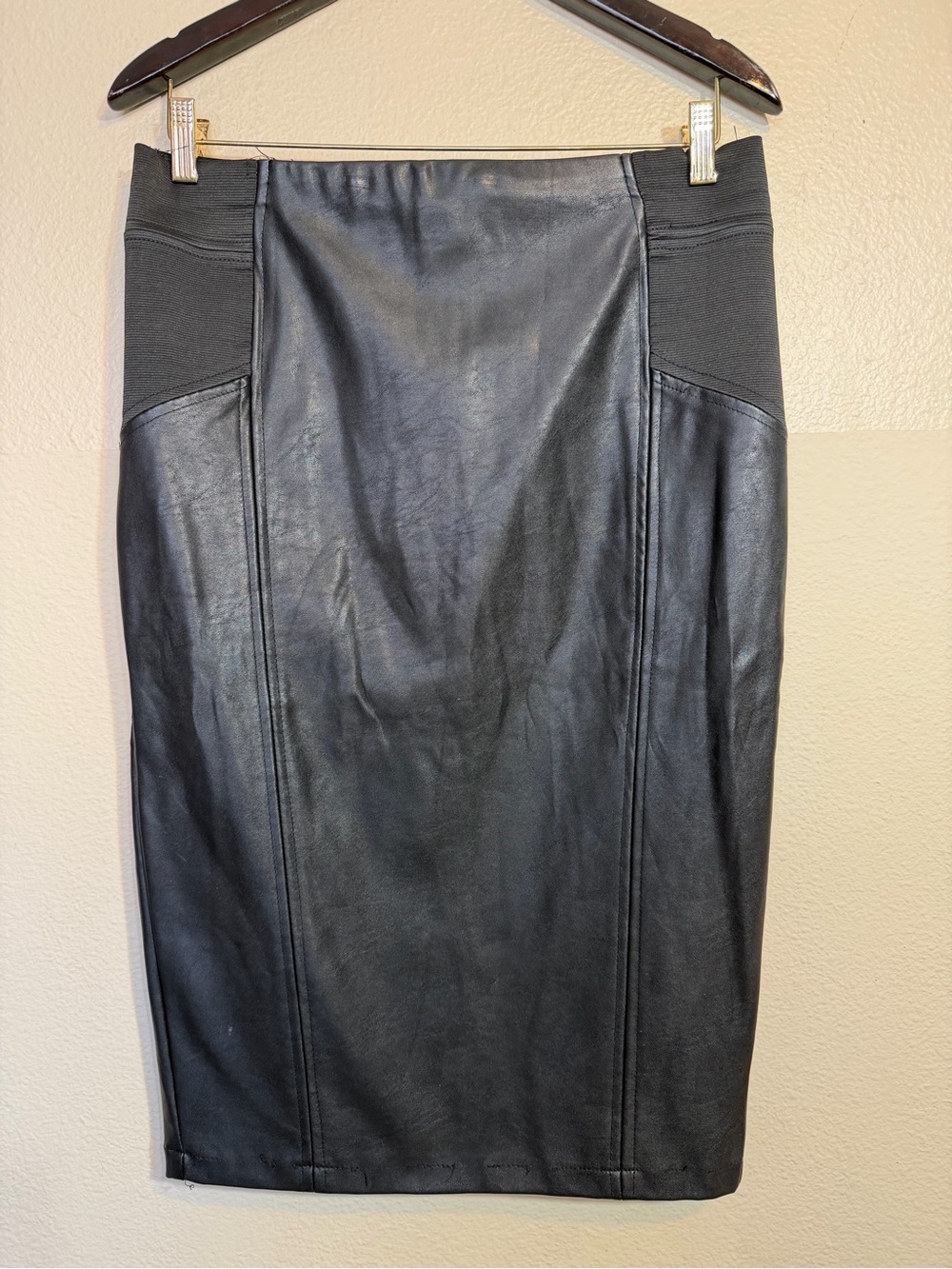 Iris Black Faux Leather Pencil Skirt with elastic side panels L